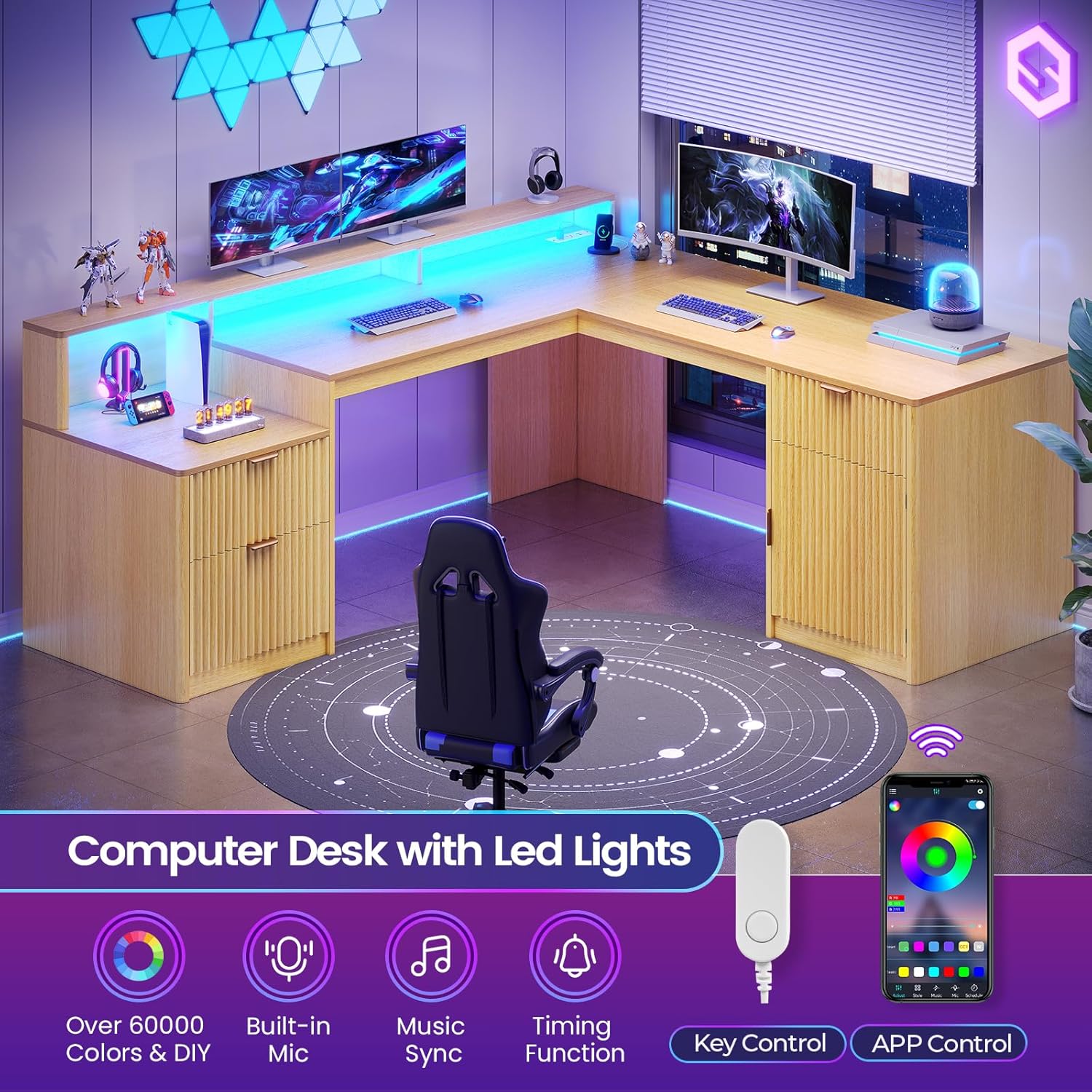 SEDETA 66' Modern L Shaped Desk with Drawers, Fluted Home Office Desk with File Cabinet and Printer Shelf, Wood Executive Desk with Monitor Stand, Power Outlets, Led Lights, Oak