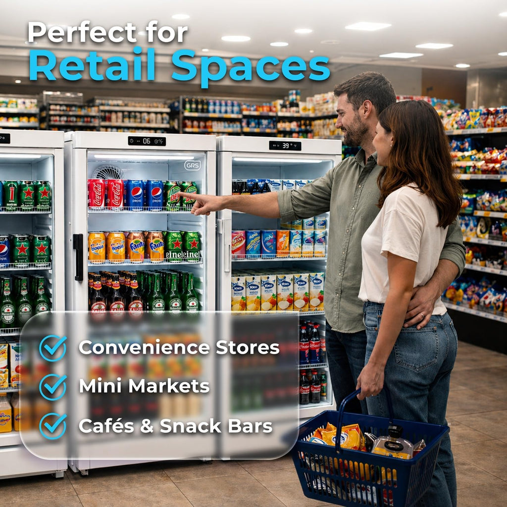 GRS Commercial Display Refrigerator with Glass Door Lock | Cool Air Flow & Temperature | Beverage Cooler, Drink and Wine Fridge with Adjustable Display Shelf for Stores and Bars | Silver, 6.0 Cu. Ft
