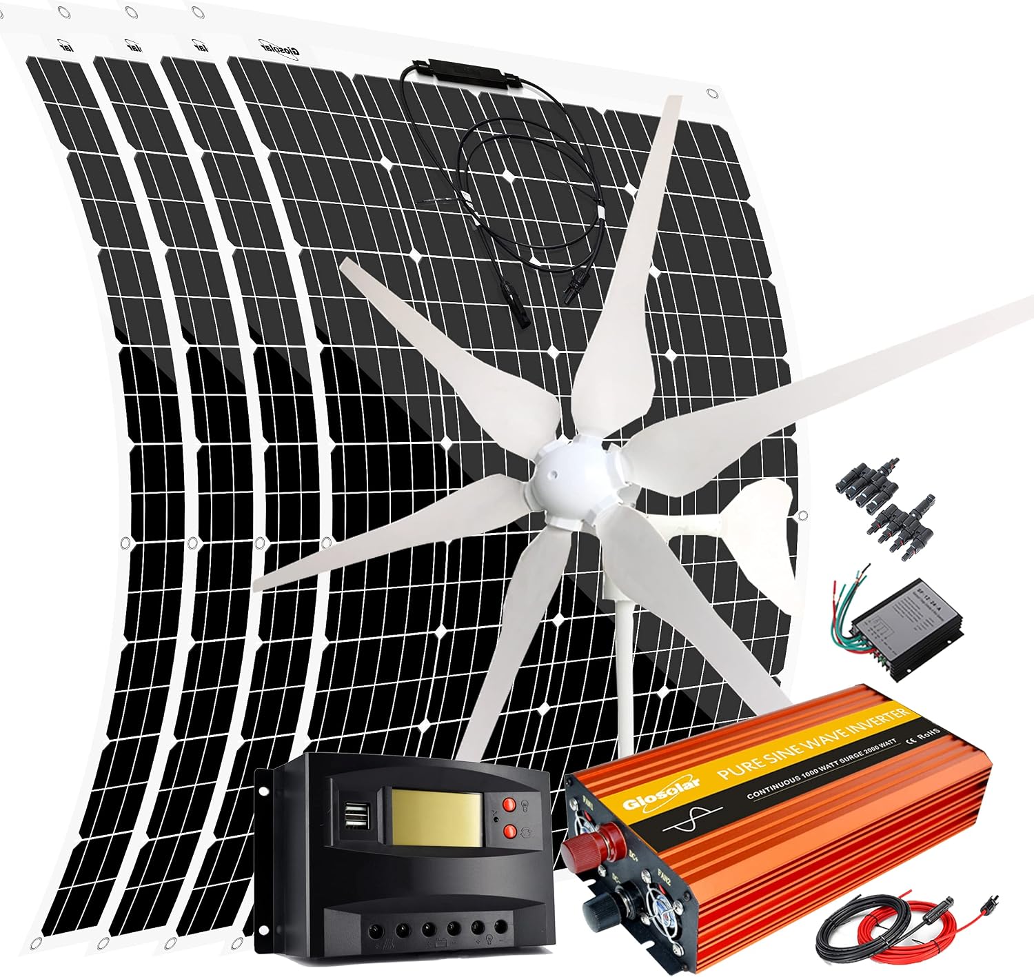880W Wind Solar Home Off Grid Hybrid System 12V 24V Battery Charging Kit with 1000W Inverter:400W Wind Turbine Generator/4pcs 120W Flexible Solar Panels/Controller/Accessory