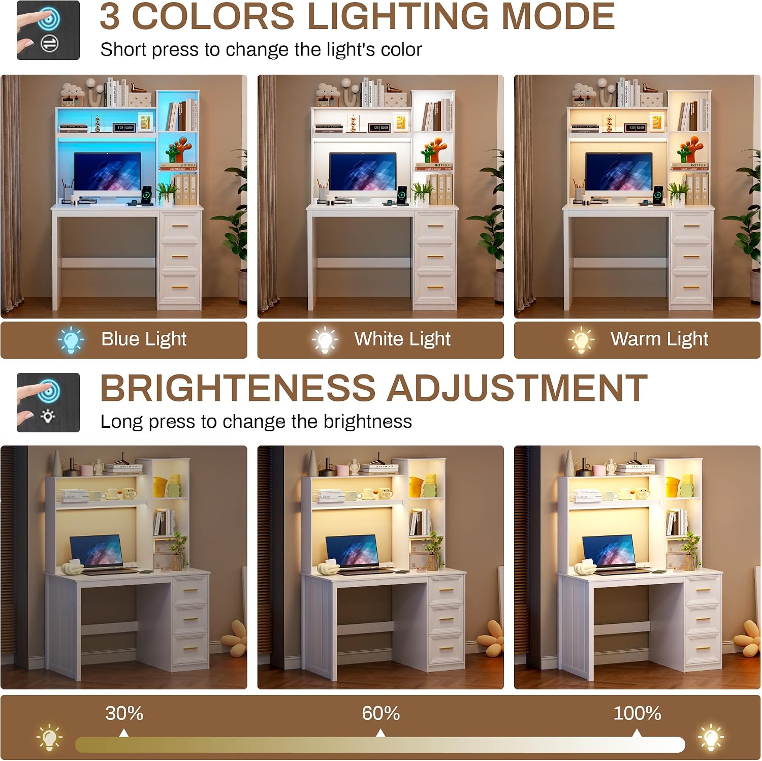 LVSOMT 40' Home Office Desk with Hutch and Drawers, Computer Desk with Power Outlets and LED Light, Study Writing Gaming Table with Storage Shelves, Workstation for Bedroom, White