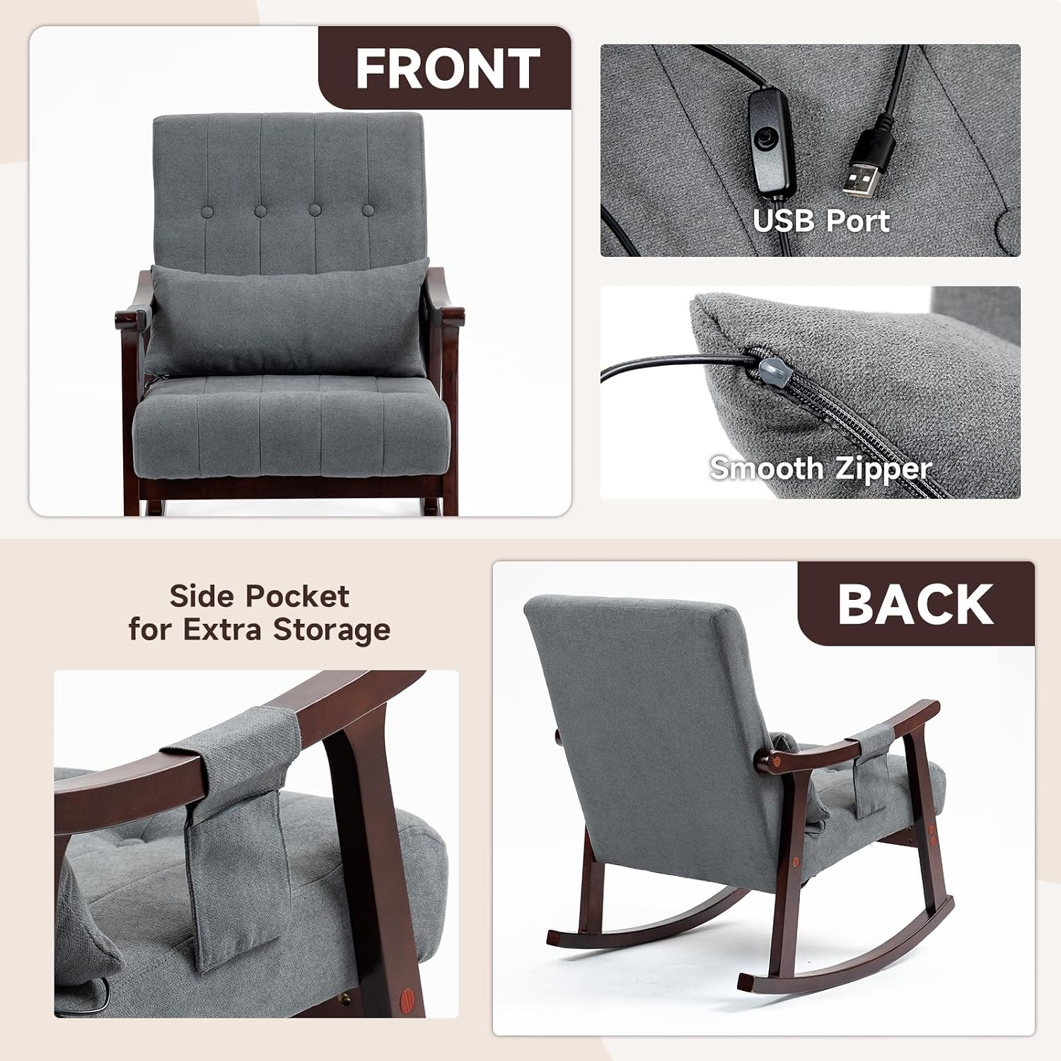 AVAWING Upholstered Rocking Chair, Small Fabric Glider Rocker with 2-Point Massage Lumbar Pillow and Solid Wood Legs, for Bedroom and Living Room, Dark Grey