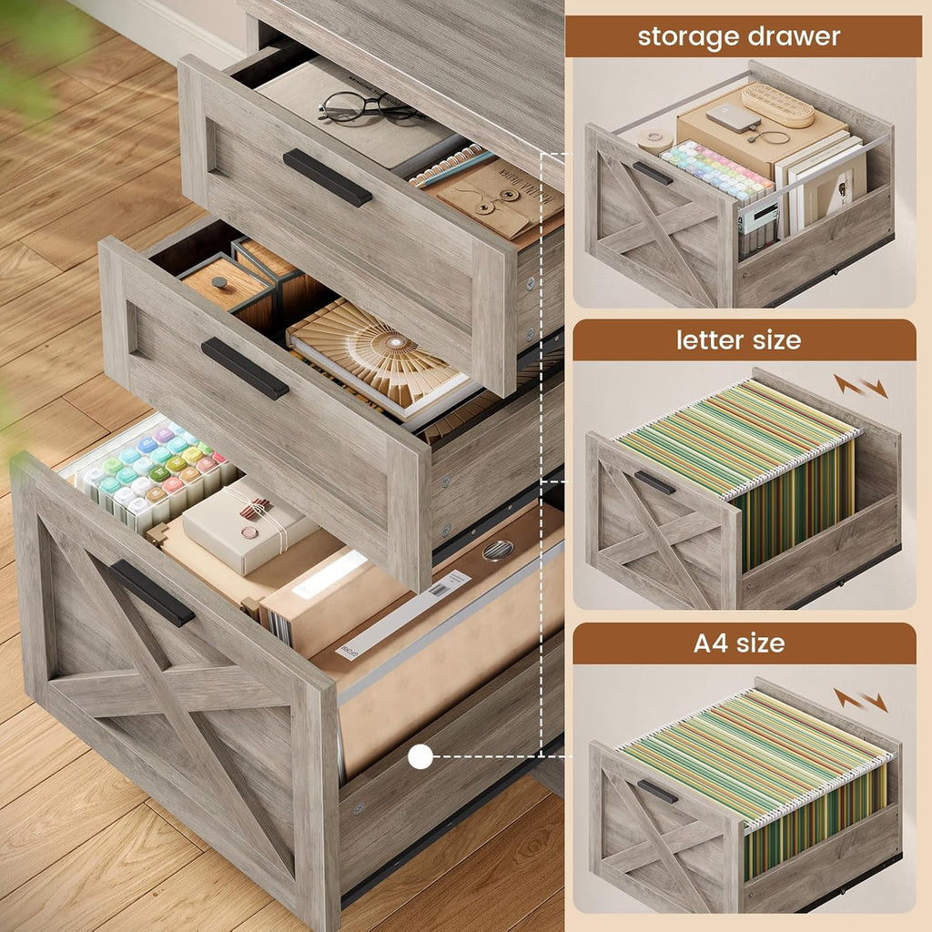 SEDETA 55.1' Executive Computer Desk with 3 Drawers, Farmhouse Office Desk with File Drawer & Storage Shelves, Executive Desk with Power Outlet for Home Office, Grey