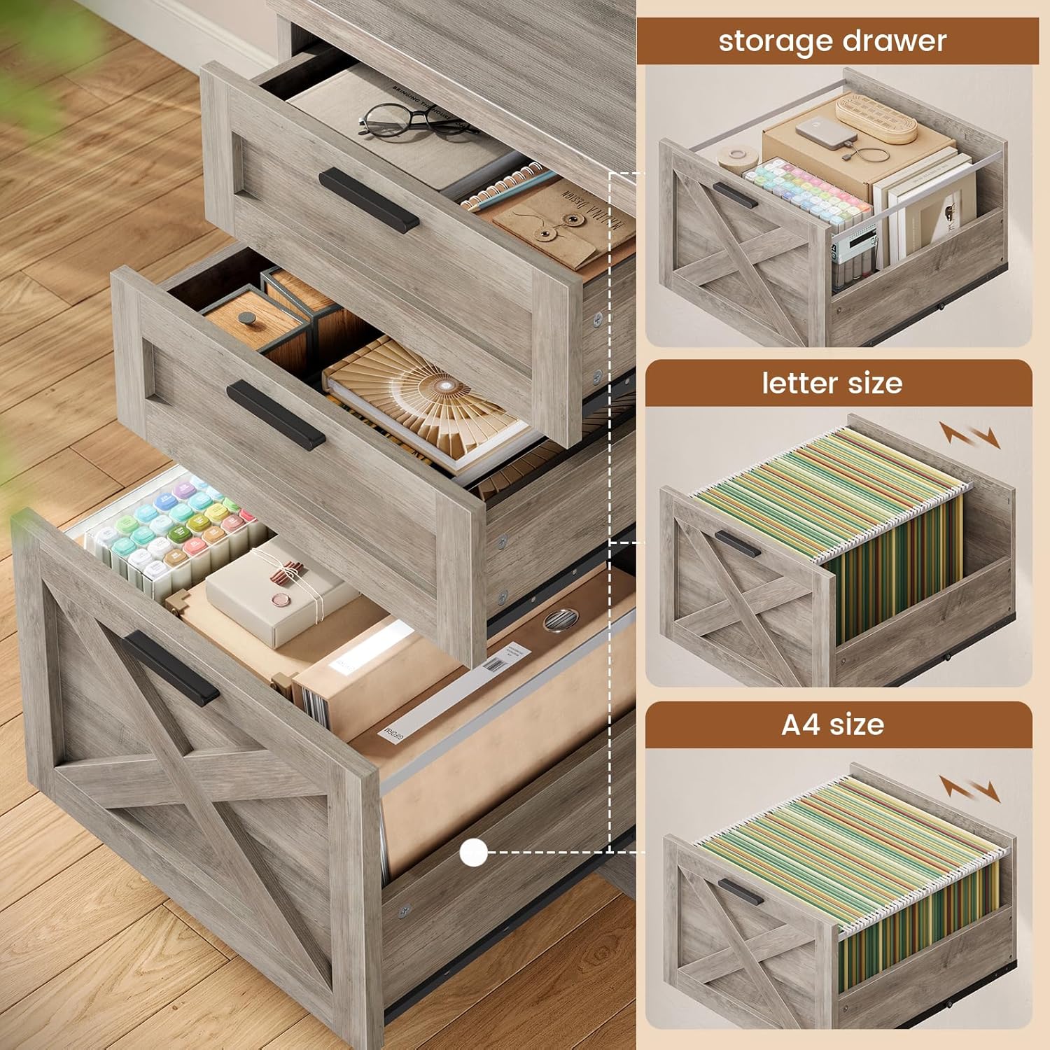 SEDETA 55.1' Executive Computer Desk with 3 Drawers, Farmhouse Office Desk with File Drawer & Storage Shelves, Executive Desk with Power Outlet for Home Office, Grey