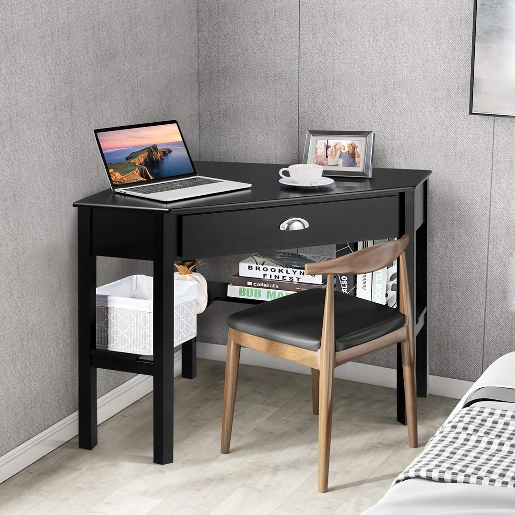 Corner Computer Desk, Space-Saving Corner Table with Drawer & Shelves, Home Office 90° Triangle Corner Workstation, Modern Makeup Vanity Table, Small Corner Desk for Small Spaces (Black)
