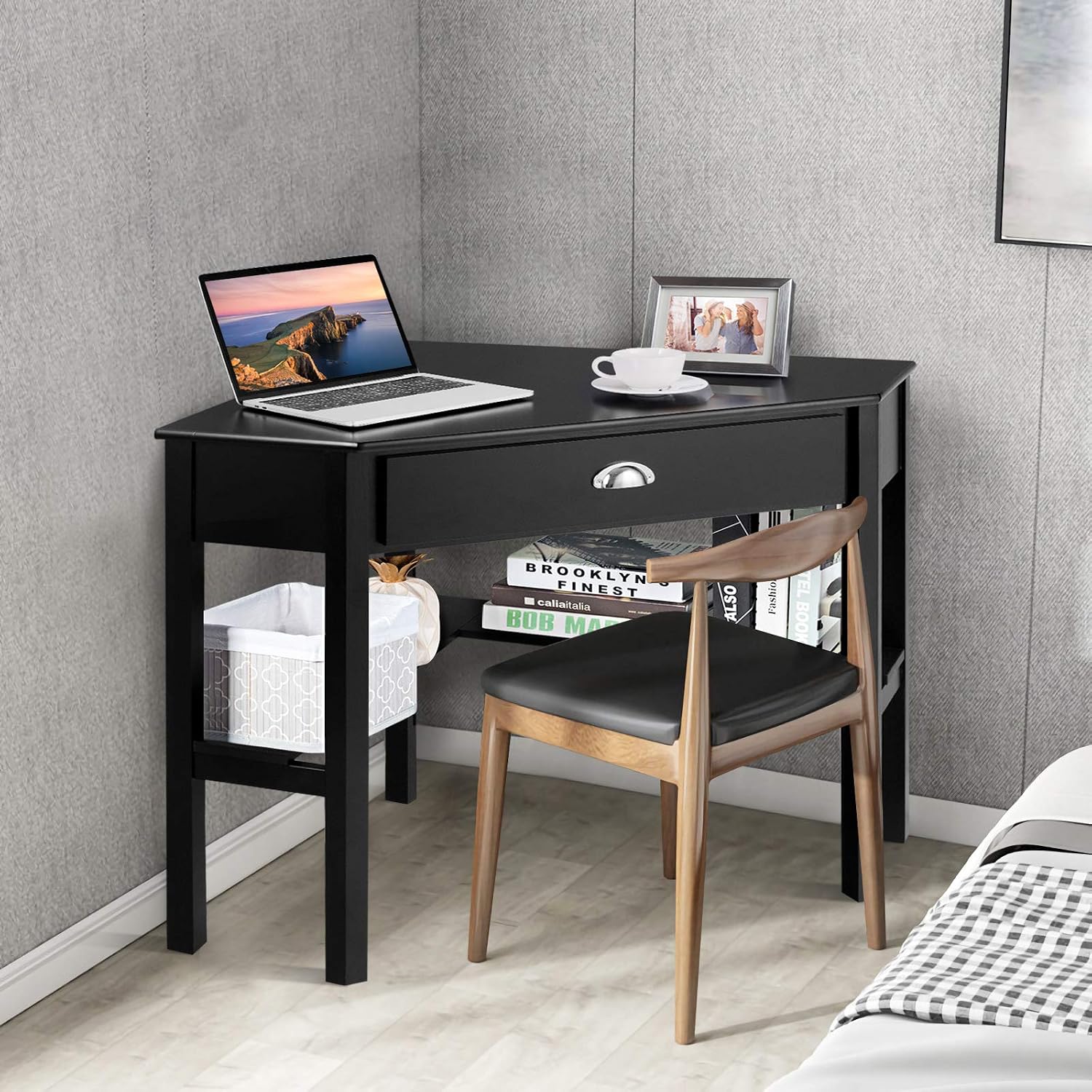Corner Computer Desk, Space-Saving Corner Table with Drawer & Shelves, Home Office 90° Triangle Corner Workstation, Modern Makeup Vanity Table, Small Corner Desk for Small Spaces (Black)