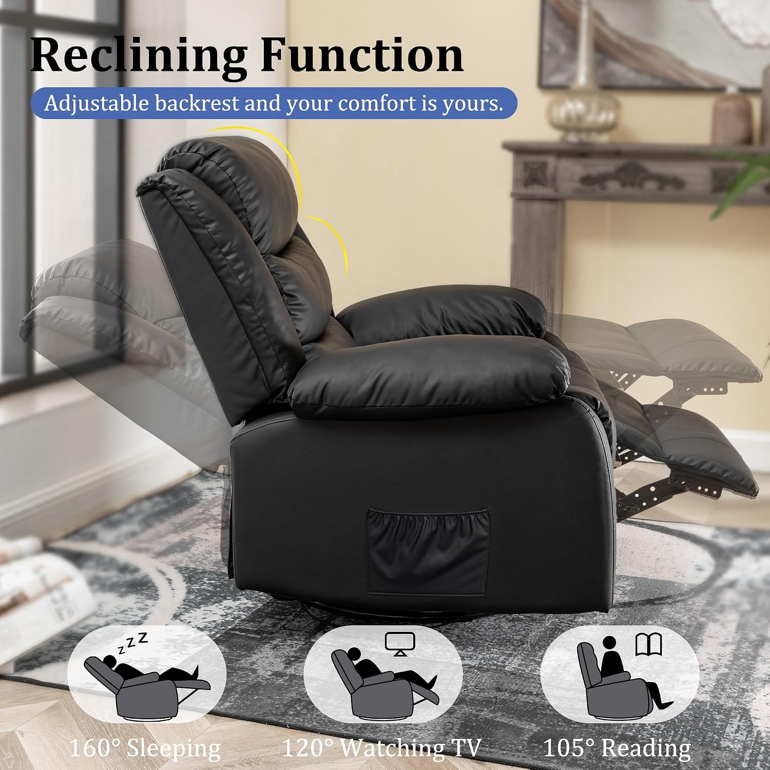 Korser Recliner Chair for Adults, Oversized 360° Swivel Rocker Recliner with Massage and Heat, Wide Nursery Glider Rocking Chair with Side Pockets, Cashmere Reclining Sofa for Living Room (Black)