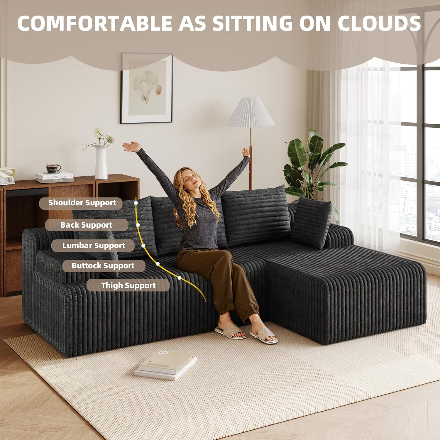 2026 New Boneless Couch, No Assembly Cloud Couch Sectional with Deep Seat & Chaise for Small Space, Upholstered Boneless Sectional Couch for Living Room, L Shaped Couch with Right Facing Chaise, Grey