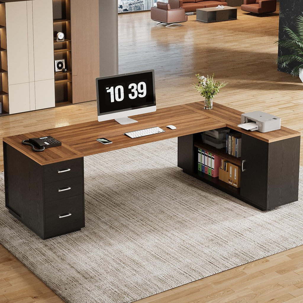 Tribesigns 85.8-Inch L-Shaped Executive Desk with File Drawers, Door Cabinet & Shelves, Extra Large Commercial Office Desk, Modern Professional Office Table, Business Furniture, Warm Brown & Black