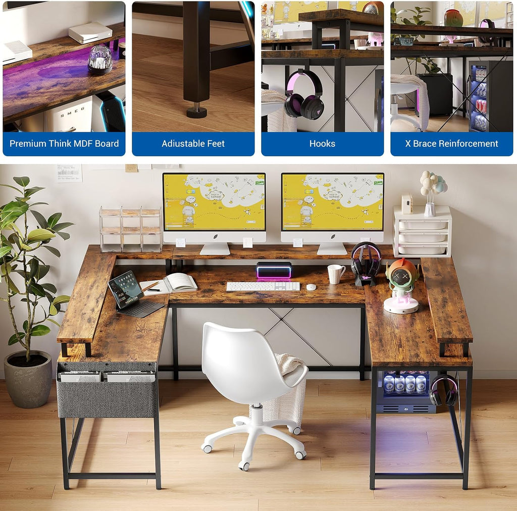 U Shaped Desk with Power Outlets, USB Ports & RGB LED Lights, 79 Inch Large Corner Computer Desk with Monitor Stand, Reversible Gaming Desk for Home Office, Ergonomic Workstation (Rustic Brown)