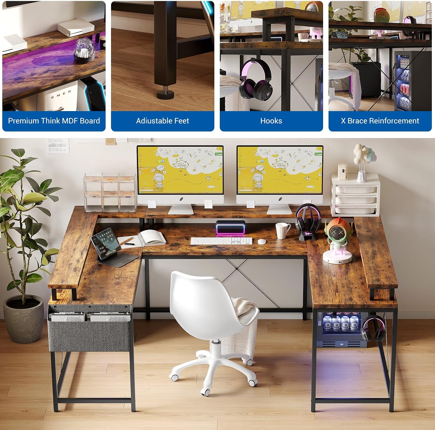 U Shaped Desk with Power Outlets, USB Ports & RGB LED Lights, 79 Inch Large Corner Computer Desk with Monitor Stand, Reversible Gaming Desk for Home Office, Ergonomic Workstation (Rustic Brown)