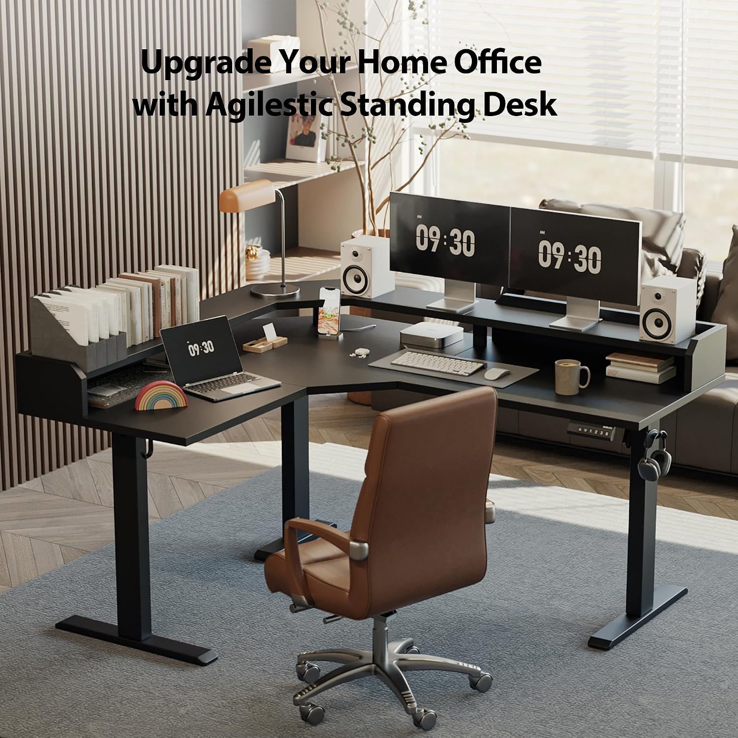 Agilestic L Shaped Standing Desk, Adjustable Height Corner Gaming Desk with Shelf, Sit Stand Up Desk, 63 x 55 Inch Home Office Computer Table, Black