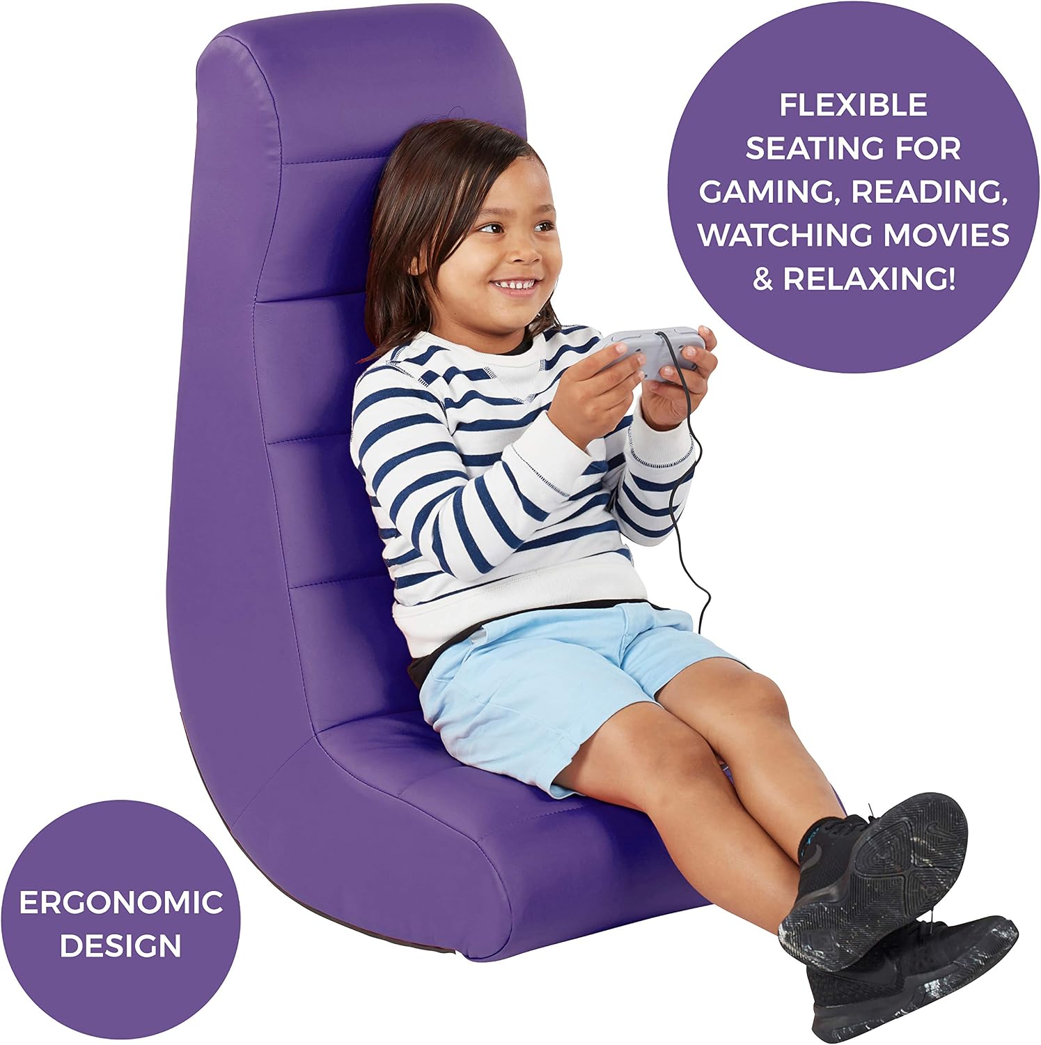 Factory Direct Partners Soft Ergonomic Horizontal Soft Floor Video Rocker - Cushioned Ground Chair Great for Reading, Gaming or Watching TV for Kids, Teens and Adults - Purple, 10498-PU