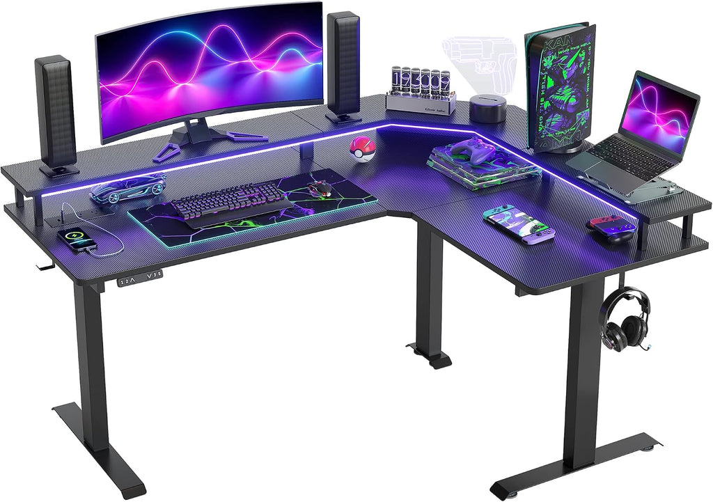 FEZIBO 63'x49' L Shaped Standing Desk with LED Strip & Power Outlets, Height Adjustable Sit Stand Corner Computer Desk with Ergonomic Monitor Stand, Black Top/Black Frame