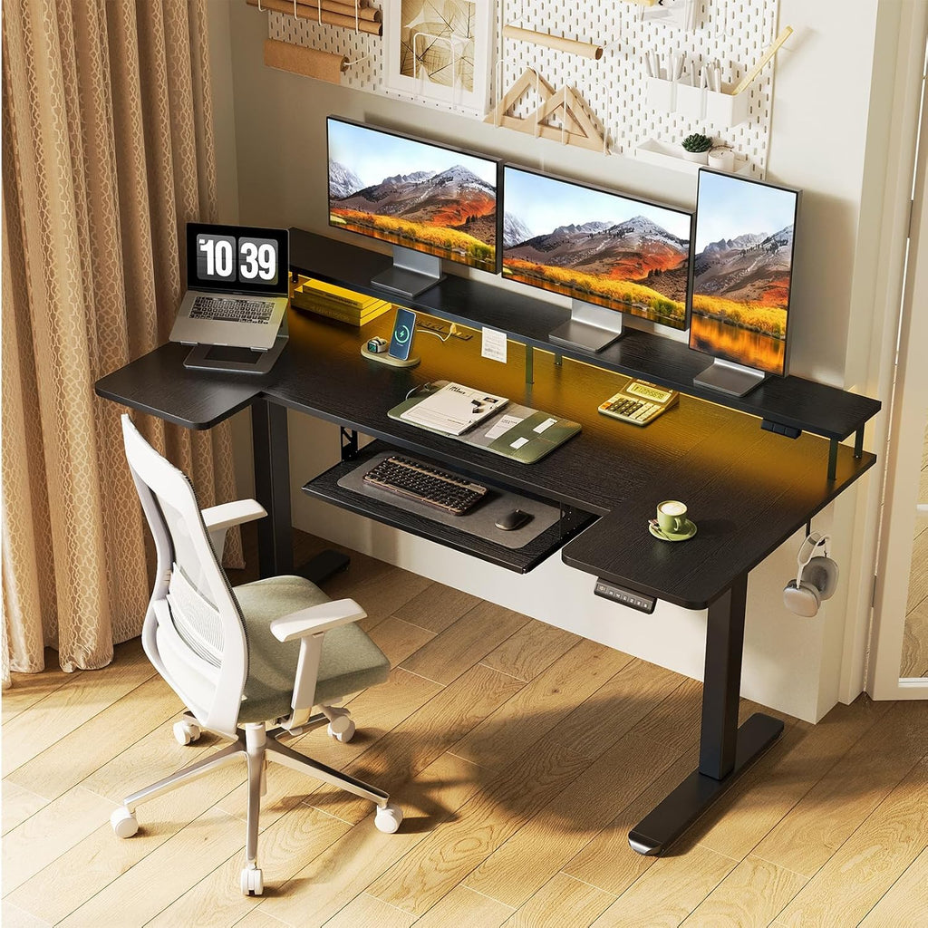 OffiGo U Shaped Electric Standing Desk with Keyboard Tray, 63 Inch Height Adjustable Desk with Power Outlets & LED Lights, Sit Stand Table with Monitor Stand for Home, Office, Black