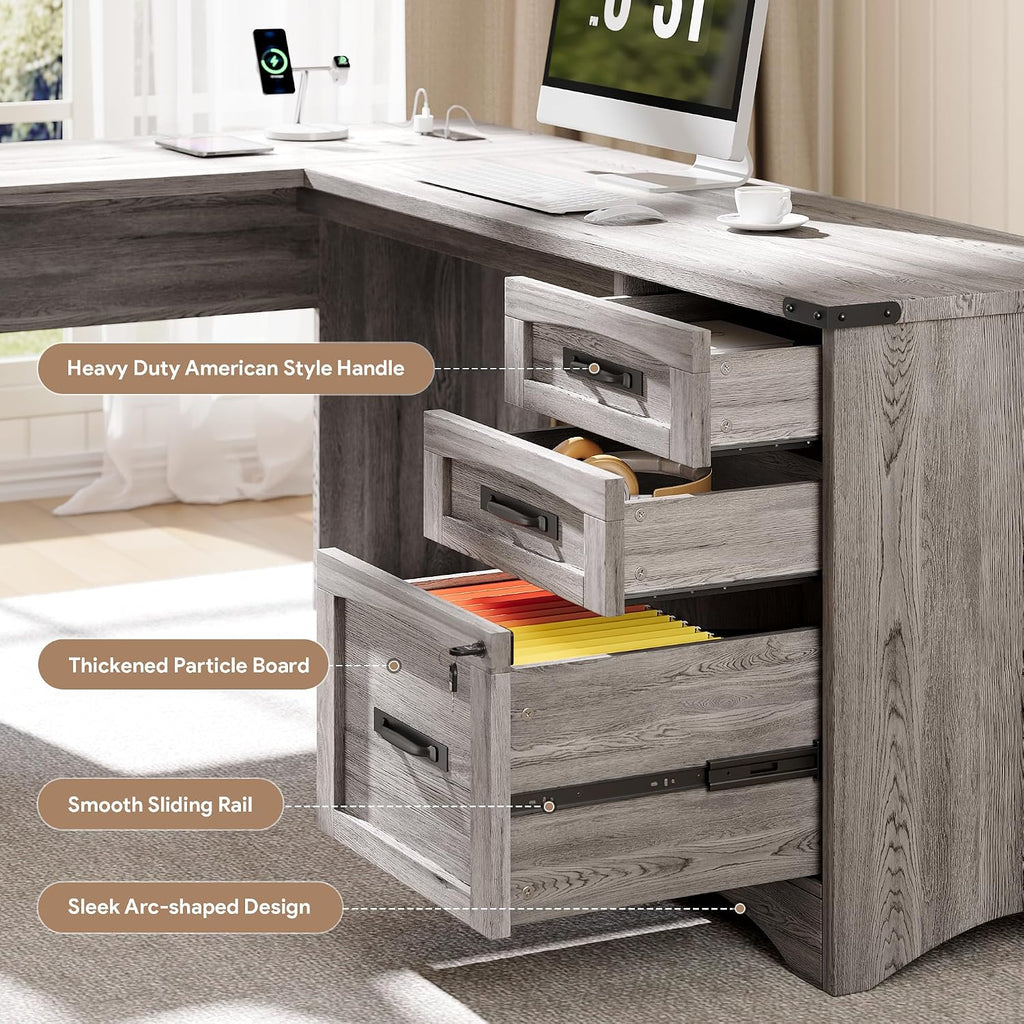 Decofy L Shaped Farmhouse Executive Desk with Drawers, 67' Home Office Desks with Fast Charging Station, Lockable File Cabinet, Wood Writing Computer Desk for Work, Study, Grey