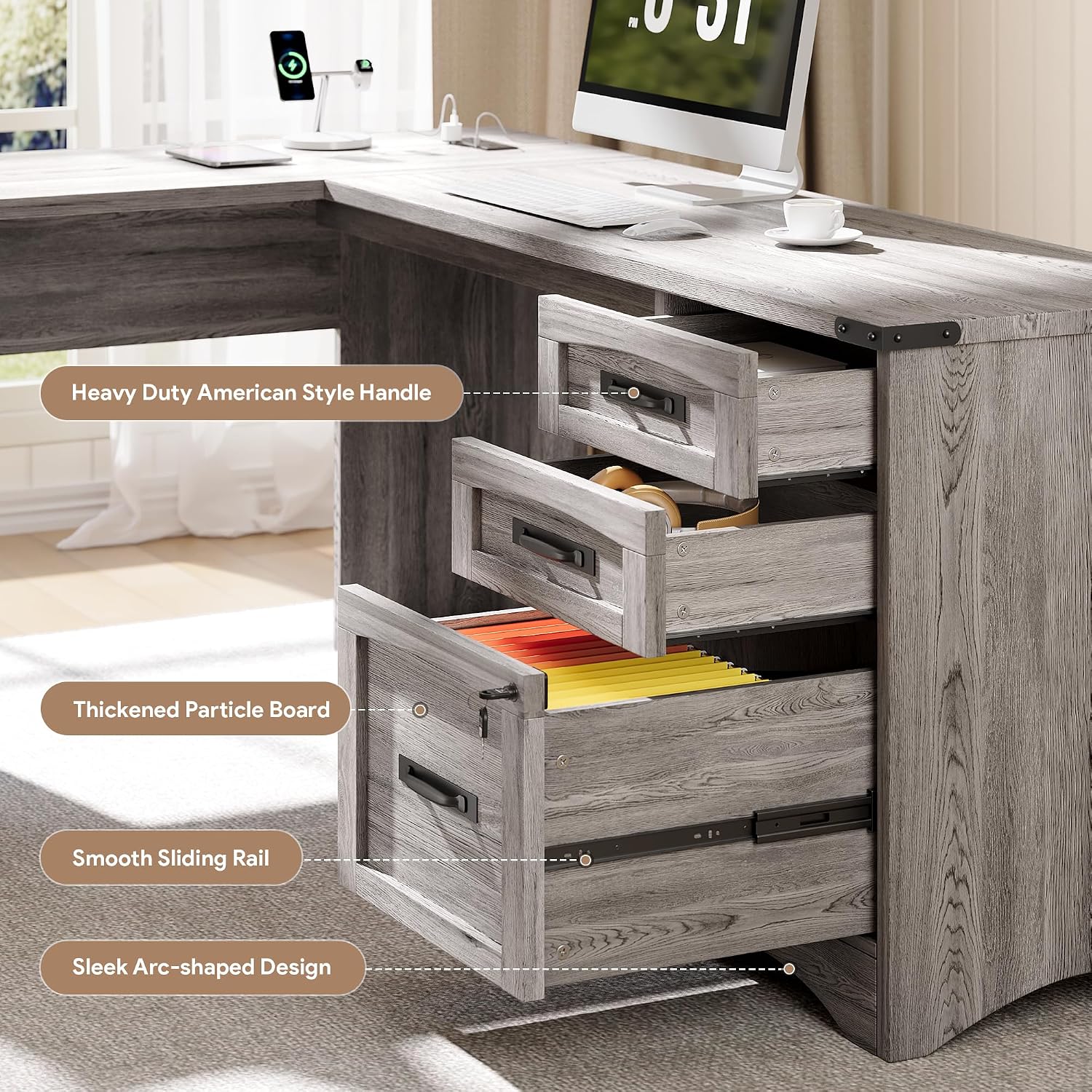 Decofy L Shaped Farmhouse Executive Desk with Drawers, 67' Home Office Desks with Fast Charging Station, Lockable File Cabinet, Wood Writing Computer Desk for Work, Study, Grey