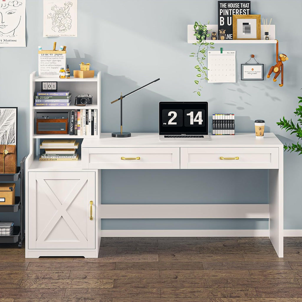 YOMILUVE 60' Computer Desk with Drawers & Bookshelves, Home Office Desk with Storage Cabinet & Spacious Desktop, Writing Gaming Study Table with Bookcase, White