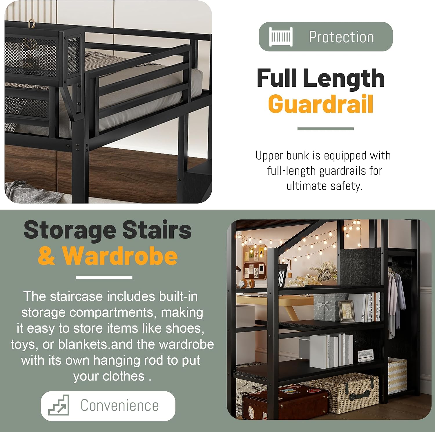Twin XL Loft Bed with Stairs, Metal Loft Beds Frame with Storage Shelves and Wardrobe, Heavy Duty High Lofted Bed for Kids Teens,Black + Black Stair