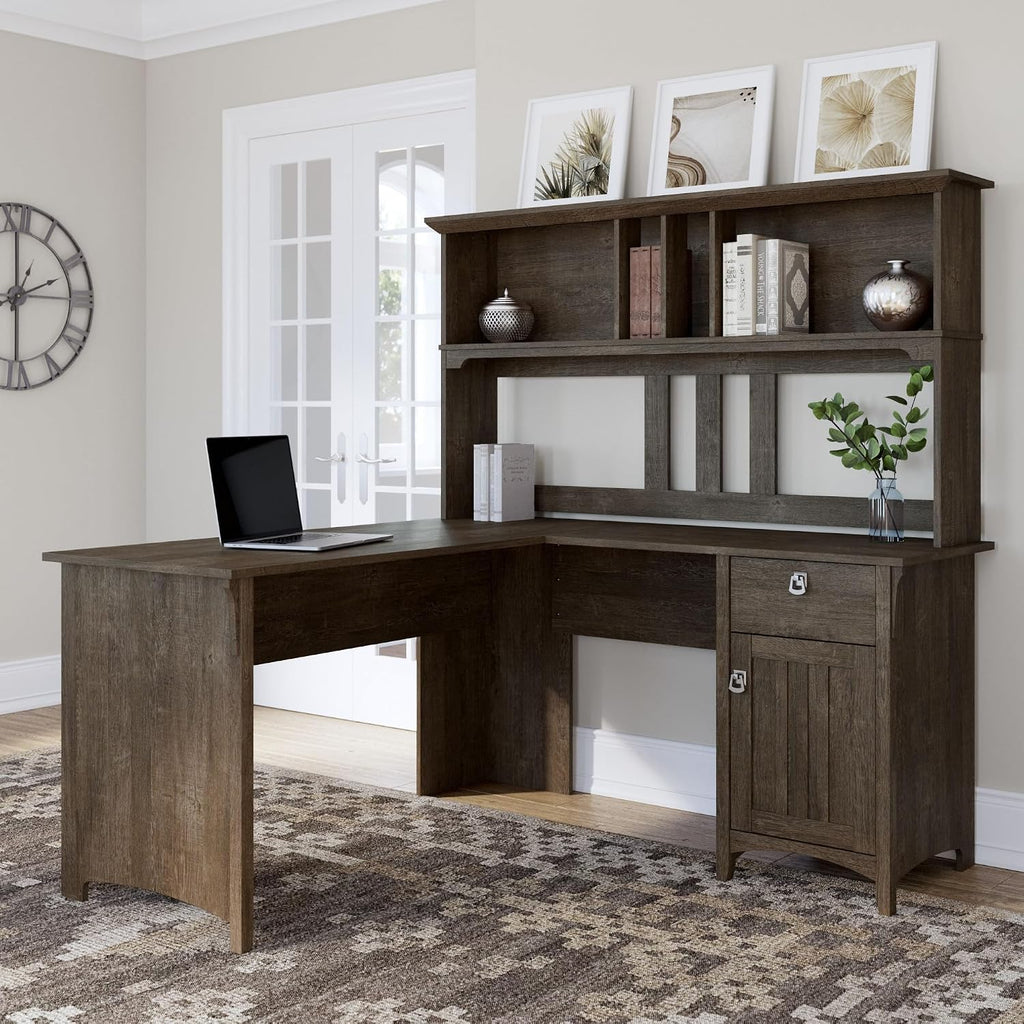 Bush Furniture Salinas L Shaped Desk with Hutch in Ash Brown, Corner Table with Drawers and Storage for Home Office