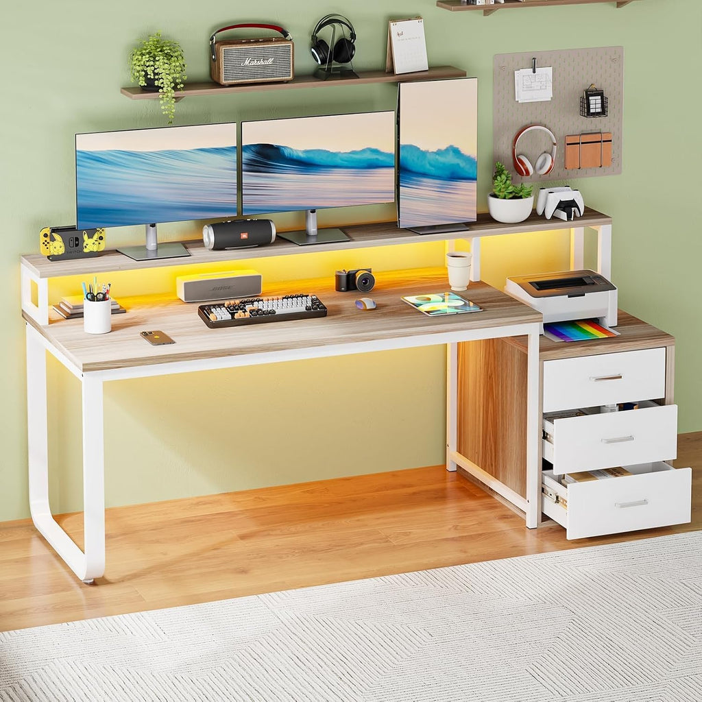 HOMBCK 67' Computer Desk with 3 Drawers, Home Office Desk with Long Monitor Stand and Printer Space, Office Desk with Storage & LED Lights, Writing Desk with Drawers, Walnut and White