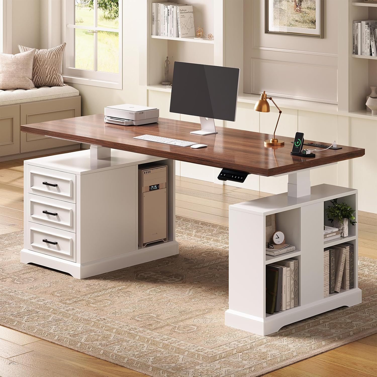 SEDETA Farmhouse Electric Standing Desk, 63' Height Adjustable Computer Desk with 3 Drawers, Storage Shelves, Power Outlets, Wood Home Office Stand up Desk for Work, Study, Writing, White
