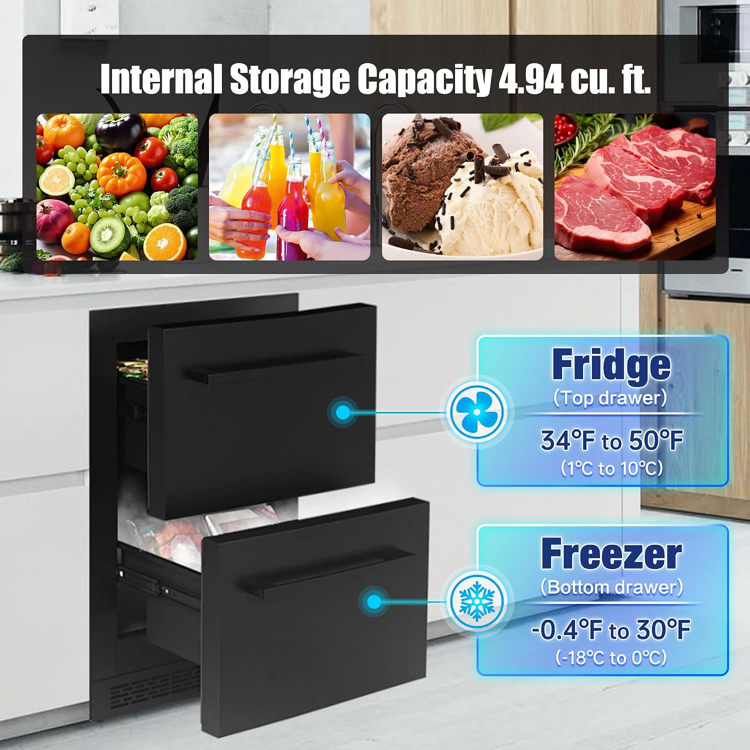 24Inch Double Drawer Refrigerator with Freezer,Under Counter Beverage Fridge for Indoor Outdoor Kitchen, Waterproof Black Stainless Steel Freezer for Freshness & Freezing Meat (-0.4℉ to 50℉)