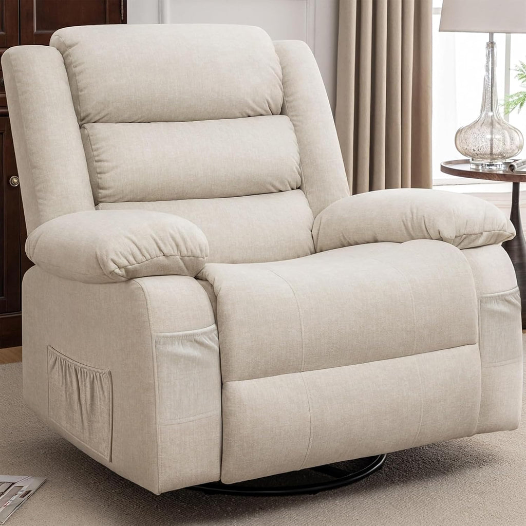 Korser Recliner Chair for Adults, Oversized 360° Swivel Rocker Recliner with Massage and Heat, Wide Nursery Glider Rocking Chair with Side Pockets, Cashmere Reclining Sofa for Living Room (Beige)