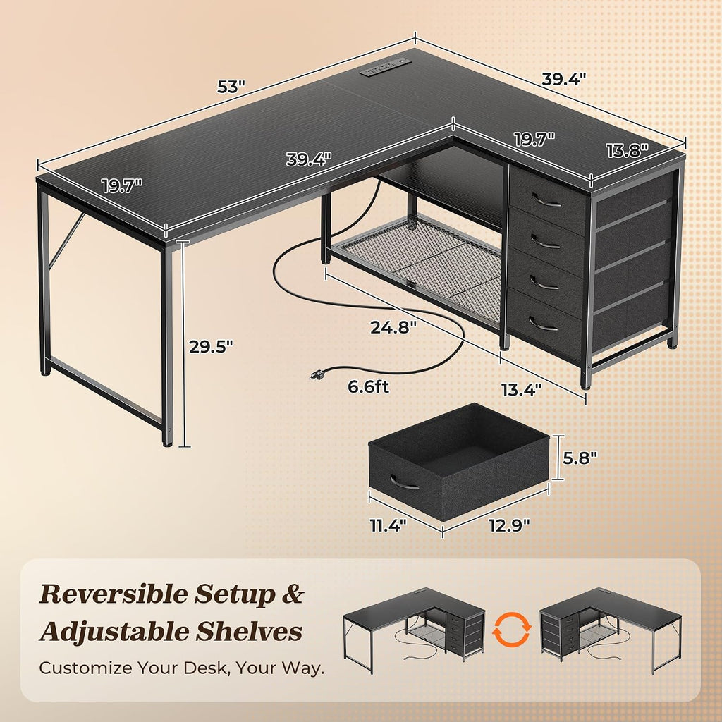 PRAISUN 53' L Shaped Desk with Power Outlets and USB-C Port, Reversible Computer Corner Office Desk with 4 Fabric Drawers and 2 Height-Adjustable Shelves, Large for Gaming Writing Work Study, Black