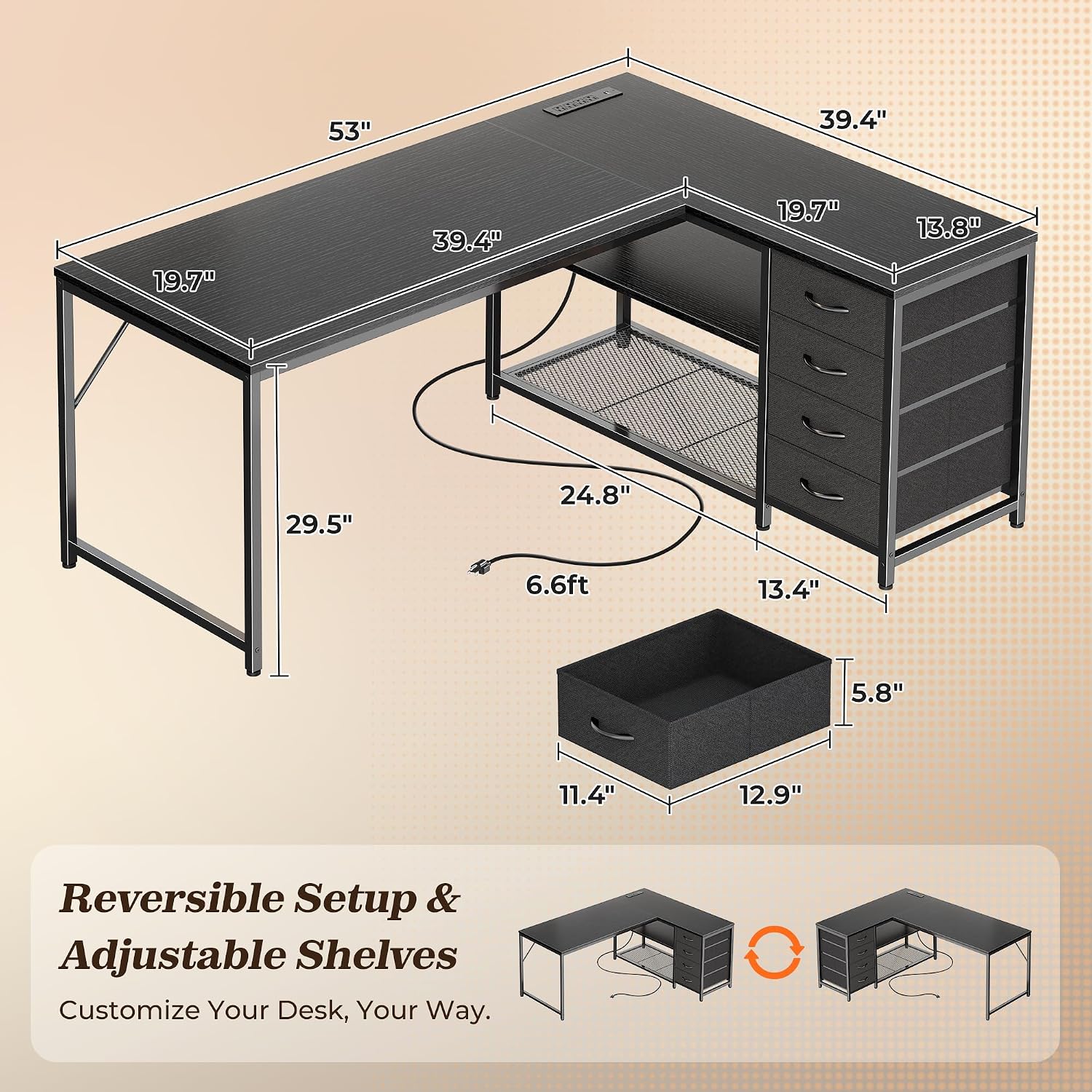 PRAISUN 53' L Shaped Desk with Power Outlets and USB-C Port, Reversible Computer Corner Office Desk with 4 Fabric Drawers and 2 Height-Adjustable Shelves, Large for Gaming Writing Work Study, Black