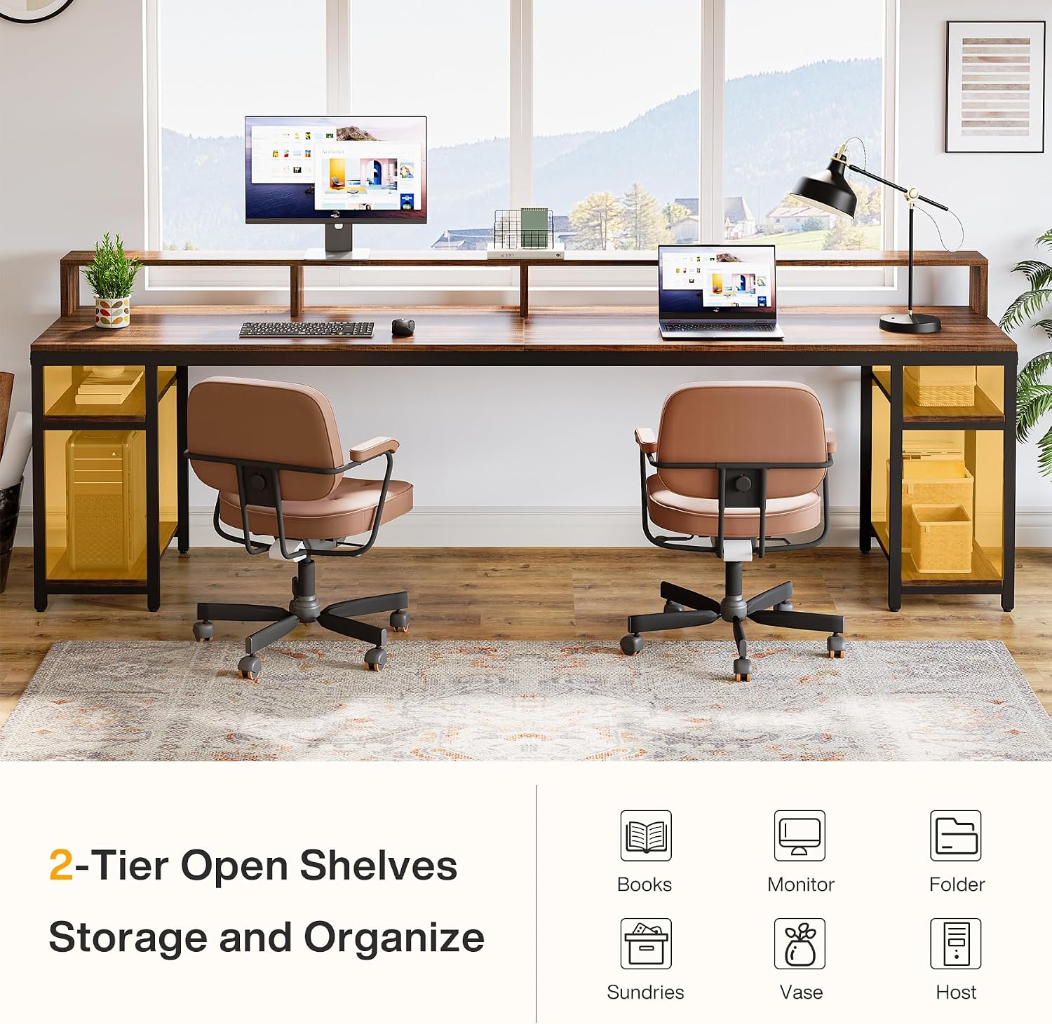 Tribesigns 78.74 Inches Extra Long Two-Person Desk, Double Computer Desk with Monitor Stand and Storage Shelves, Study Work Table for Home Office (Rustic Brown)