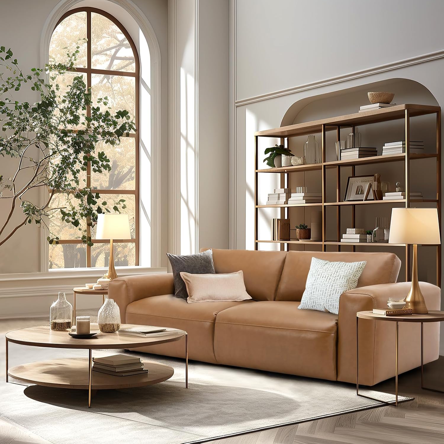 COLAMY 95' Oversized PU Leather Sofa, Comfy Sofa Couch with Extra Deep Seats, Wide Arm, Down Filled 3-Seater Sofa for Living Room, Apartment Lounge-Light Brown