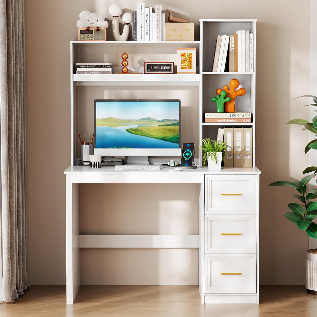 LVSOMT 40' Home Office Desk with Hutch and Drawers, Computer Desk with Power Outlets and LED Light, Study Writing Gaming Table with Storage Shelves, Workstation for Bedroom, White