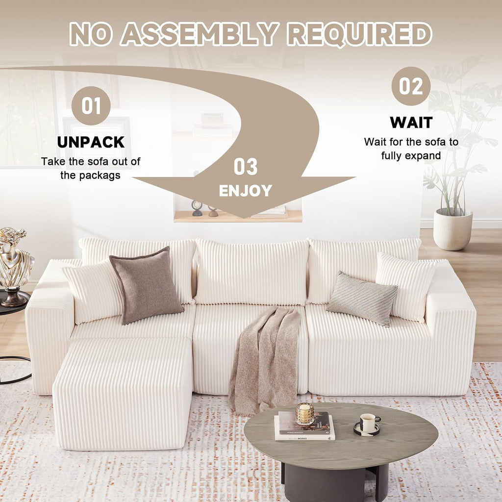 Weture 107.4' Cloud Couch Sectional, Modular Sofa with Deep Seat, Plush Corduroy L Shaped Boneless Couch, Convertible Sectional Couches for Living Room, 4Seat, Beige
