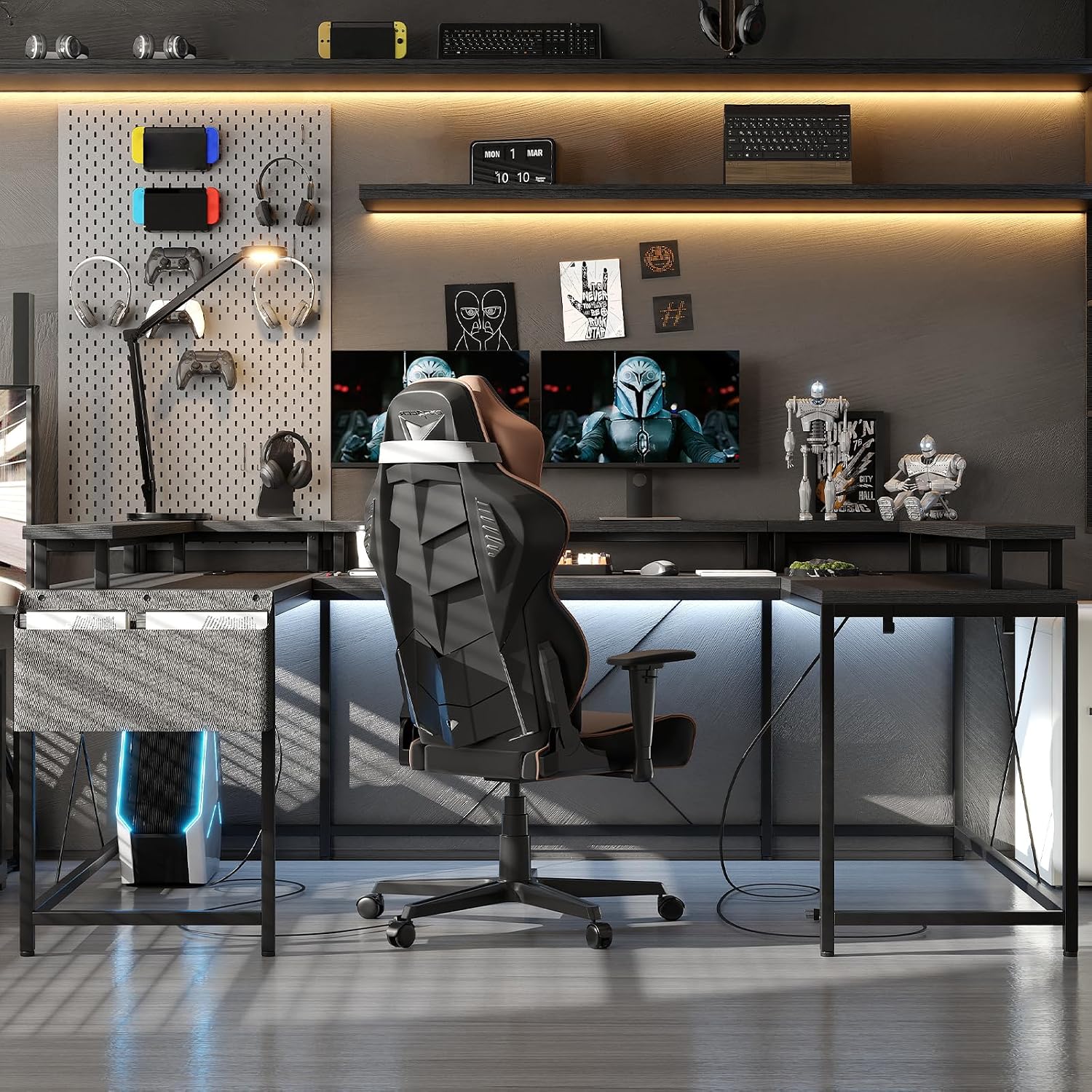 Patikuin U Shaped Desk with Power Outlets, USB Ports & RGB LED Lights, 79 Inch Large Corner Computer Desk with Monitor Stand, Reversible Gaming Desk for Home Office, Ergonomic Workstation (Black)