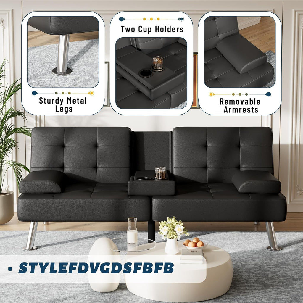 Furmax Futon Sofa Bed Adjustable Futon Couch Sleeper Sofa Bed for Living Room, Business Office, Recliner Sofas with Cup Holders (PU Leather, Black)