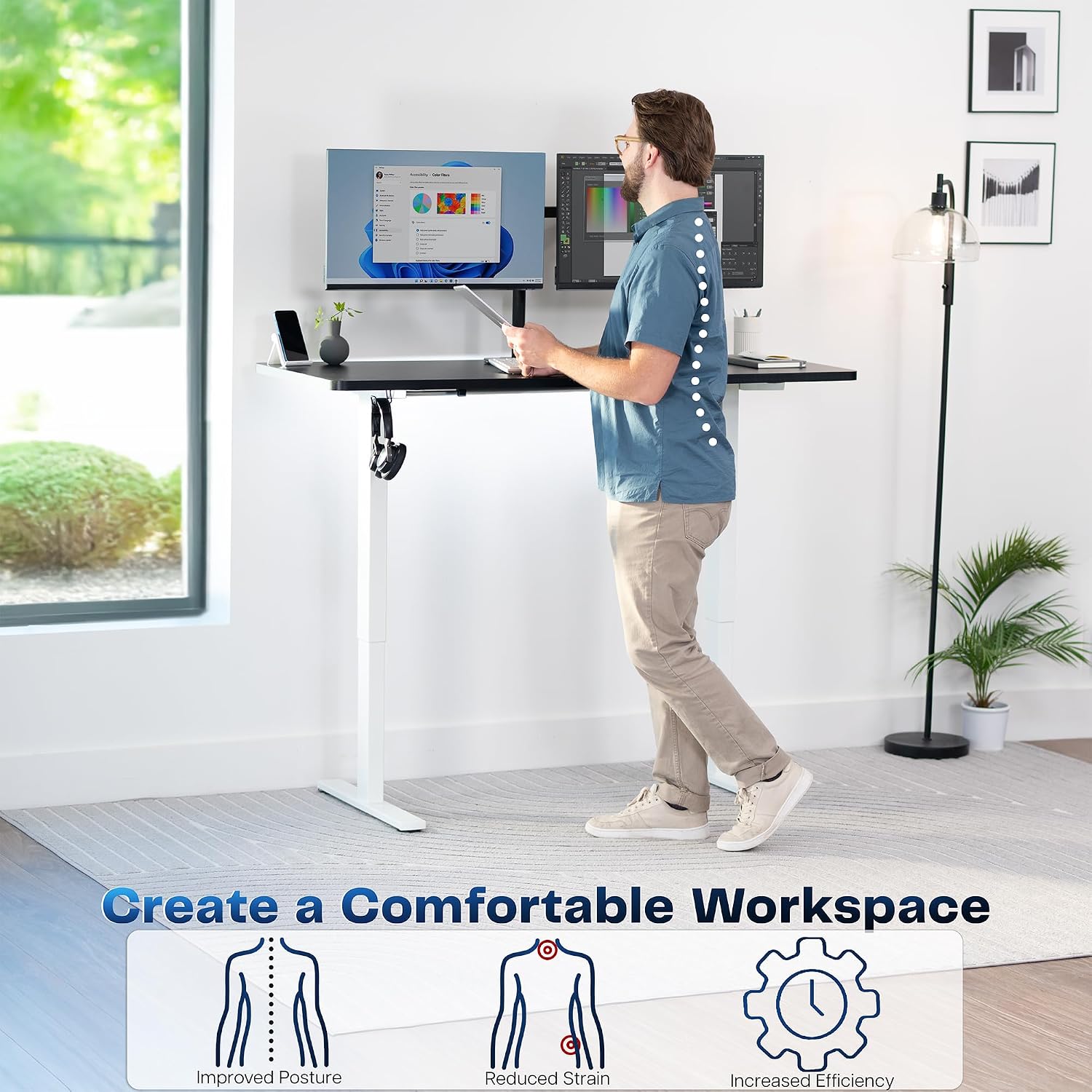 VIVO Electric 60 x 24 in Standing Desk, Memory Height Adjustment, 1B Series, Holds 220 lbs, One-Piece Black Top, White Frame, DESK-KIT-1W6B