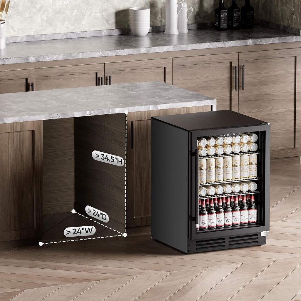 Coolake 24 Inch Wide Under Counter Beverage Refrigerator, 180 Can Capacity Beverage Cooler with Glass Door, Built in or Freestanding, Drink Fridge for Basement, Kitchen, Office