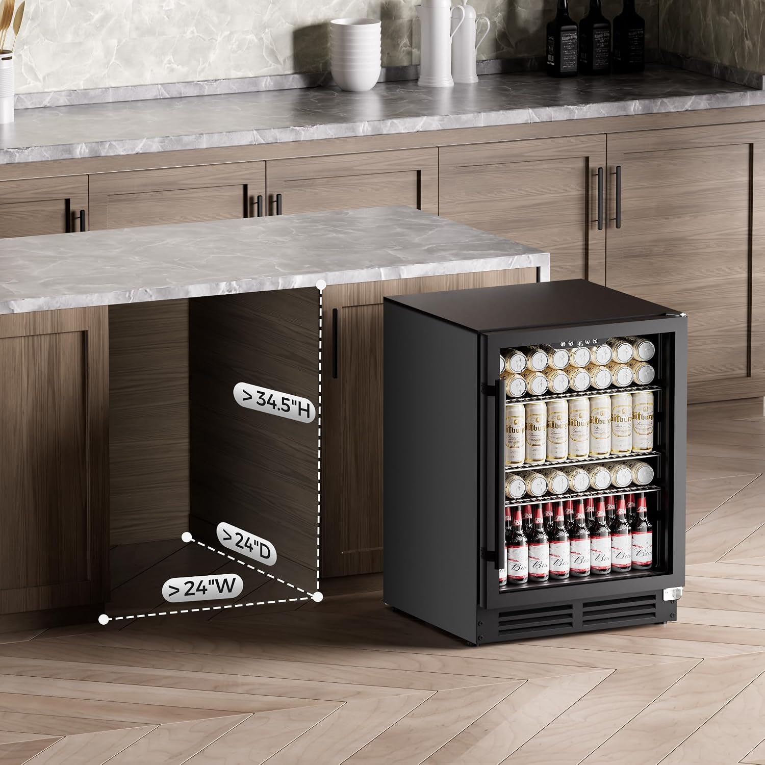 Coolake 24 Inch Wide Under Counter Beverage Refrigerator, 180 Can Capacity Beverage Cooler with Glass Door, Built in or Freestanding, Drink Fridge for Basement, Kitchen, Office