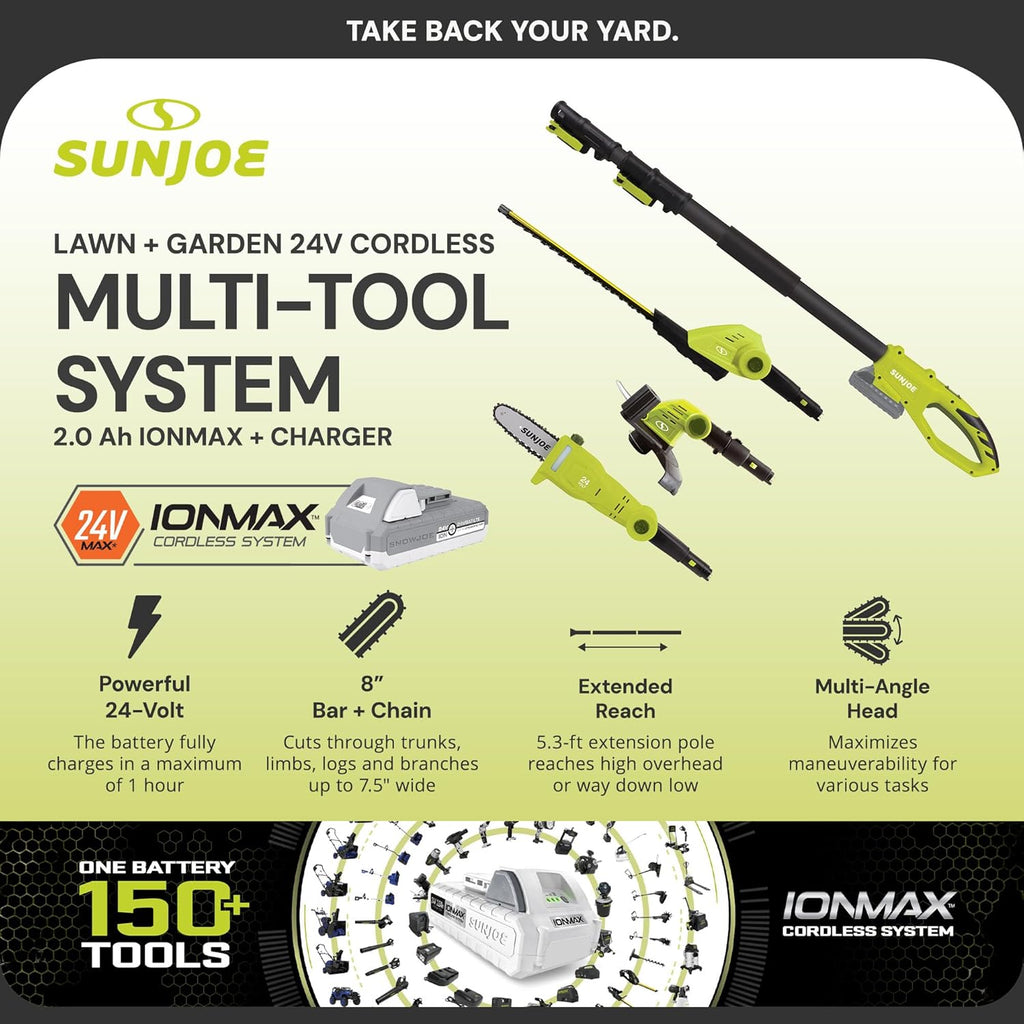 Sun Joe Cordless Lawn Care System, Grass & Hedge Trimmer Combo Power Tool Kit with 8' Pole Saw, Batteries & Charger - Heavy-Duty Trimming Machine Set for Lawn, Yard & Gardening Care, IONMAX GTS4002C