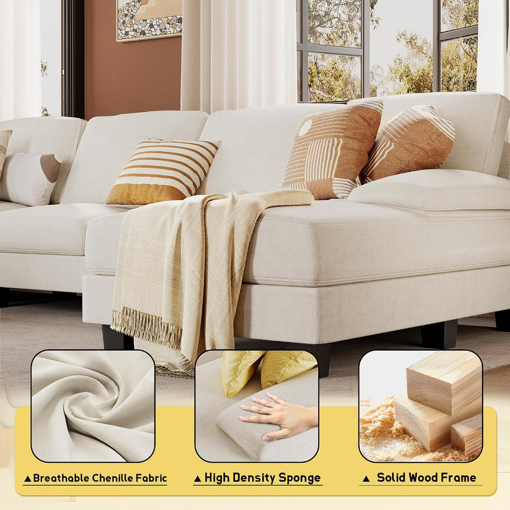 JUMMICO Sectional Couches for Living Room, U Shaped Couch with Chenille Fabric, 4 Seat Modern Sofa with Removable Pillows for Apartment and Small Space (Fabric, White)