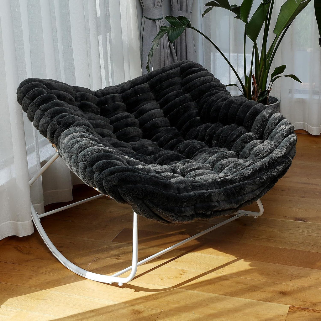 Papasan Rocking Chair, Rattan Rocking Chair, Oversized Outdoor Chair with Deep Seat Thick Cushion, Patio Rocking Chair for Bedroom/Porch/Garden (Deep Grey & White)