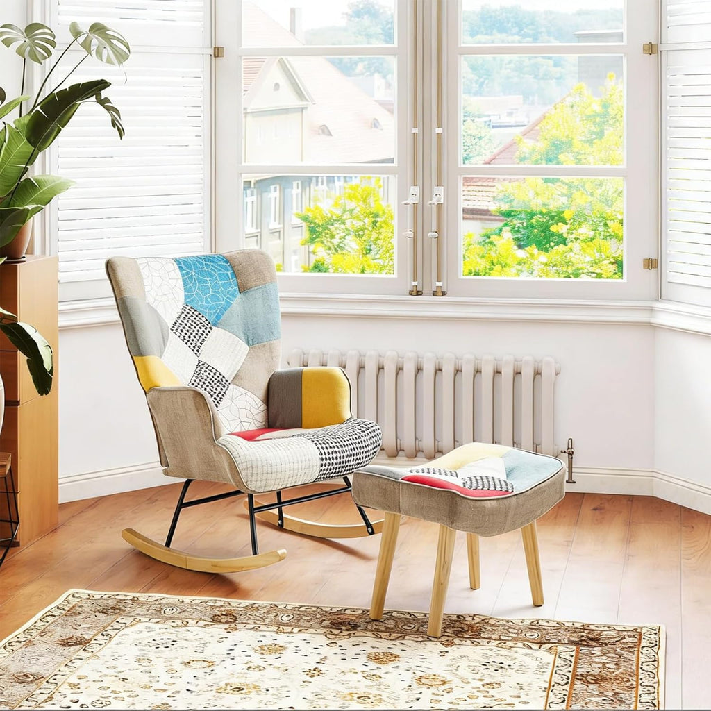 Nursery Rocking Chair, Baby Toddler Glider Rocker with Ottoman, Comfy Accent Chair, for Bedroom Living Room Small Spaces, Patchwork Linen, Colorful