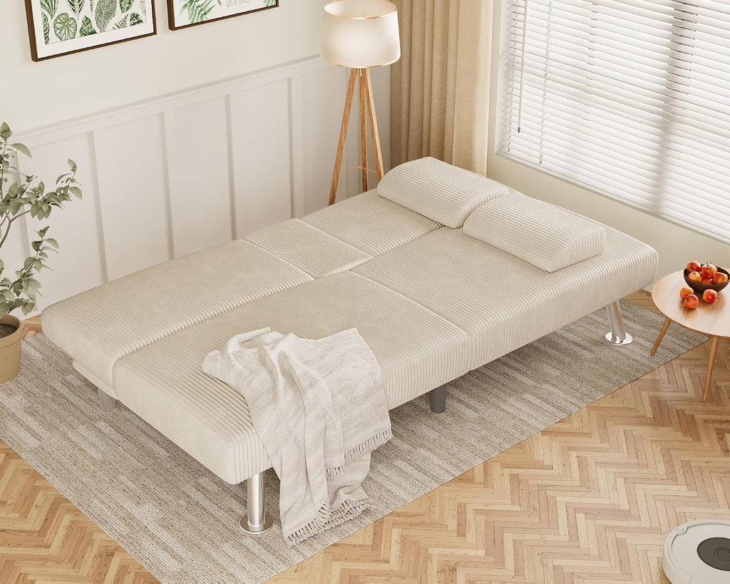Flamaker Futon Sofa Bed Corduroy Folding Couch Adjustable Sleeper Sofa Bed for Small Apartment Upholstered Living Room Furniture Set with 2 Cup Holders Removable Armrests (Corduroy, Beige)