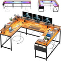 U Shaped Desk with Power Outlets, USB Ports & RGB LED Lights, 79 Inch Large Corner Computer Desk with Monitor Stand, Reversible Gaming Desk for Home Office, Ergonomic Workstation (Rustic Brown)