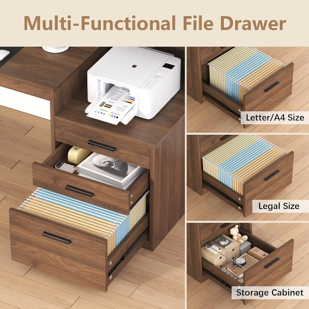 YOMILUVE Computer Desk with 3 Drawers & Storage Shelves, 65 Inch Home Office Desk with File Drawer & Cabinet, Writing Study Desks with Monitor Stand & Printer Shelf, Executive Desk, Brown