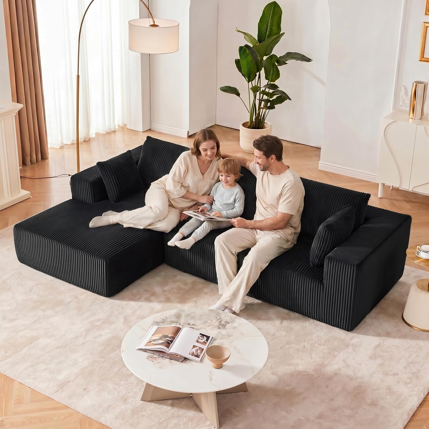 108' Modular Sectional Sofa, Cloud Sectional Couch with Deep Seat, Modern Modular L-Shape Sofa Couch with Chaise,Upholstered Boneless Couches for Living Room Bedroom (Black, Left Facing Chaise)