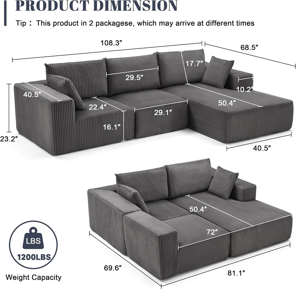 Weture 108' Modular Sectional Sofa, Cloud Sectional Couch with Deep Seat, Modern Modular L-Shape Sofa with Chaise,Upholstered Boneless Couches for Living Room Bedroom (Corduroy, Darkgrey)