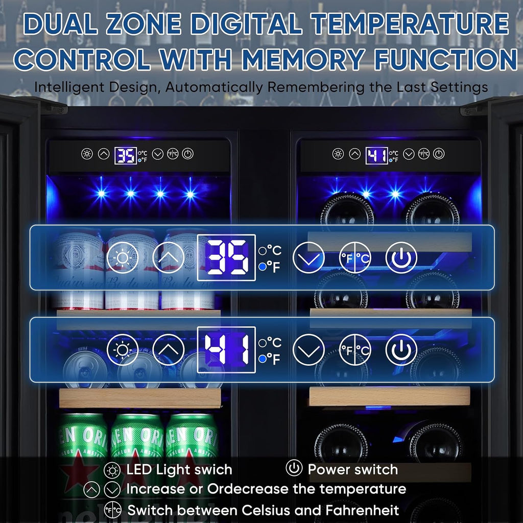 Wine and Beverage Refrigerator 24', Upgraded Dual Zone Wine Beverage Cooler with Glass Door and French Door, Large Capacity Beer Fridge Holds 21 Bottles & 88 Cans, Built-In or Freestanding - Black