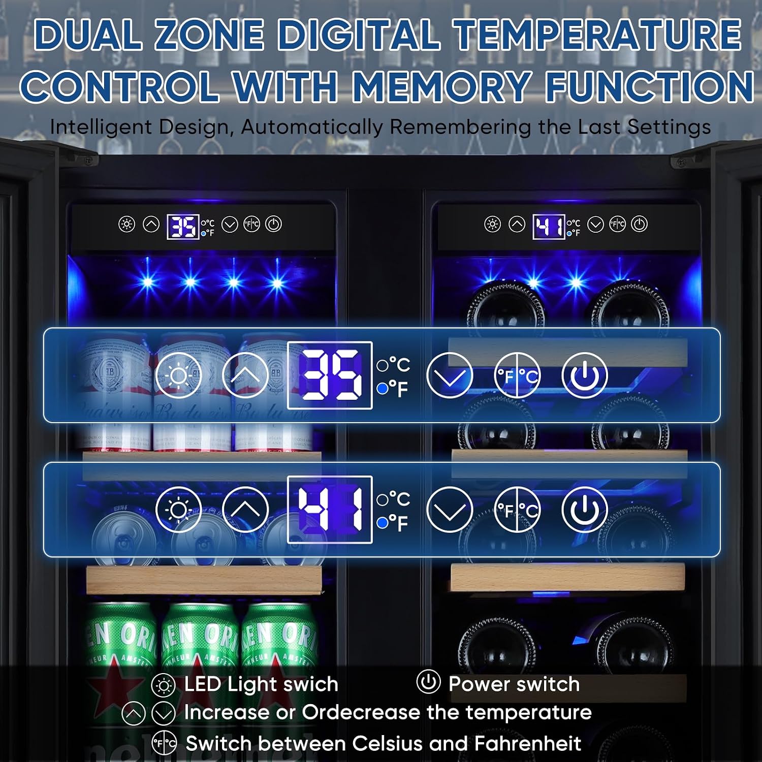 Wine and Beverage Refrigerator 24', Upgraded Dual Zone Wine Beverage Cooler with Glass Door and French Door, Large Capacity Beer Fridge Holds 21 Bottles & 88 Cans, Built-In or Freestanding - Black