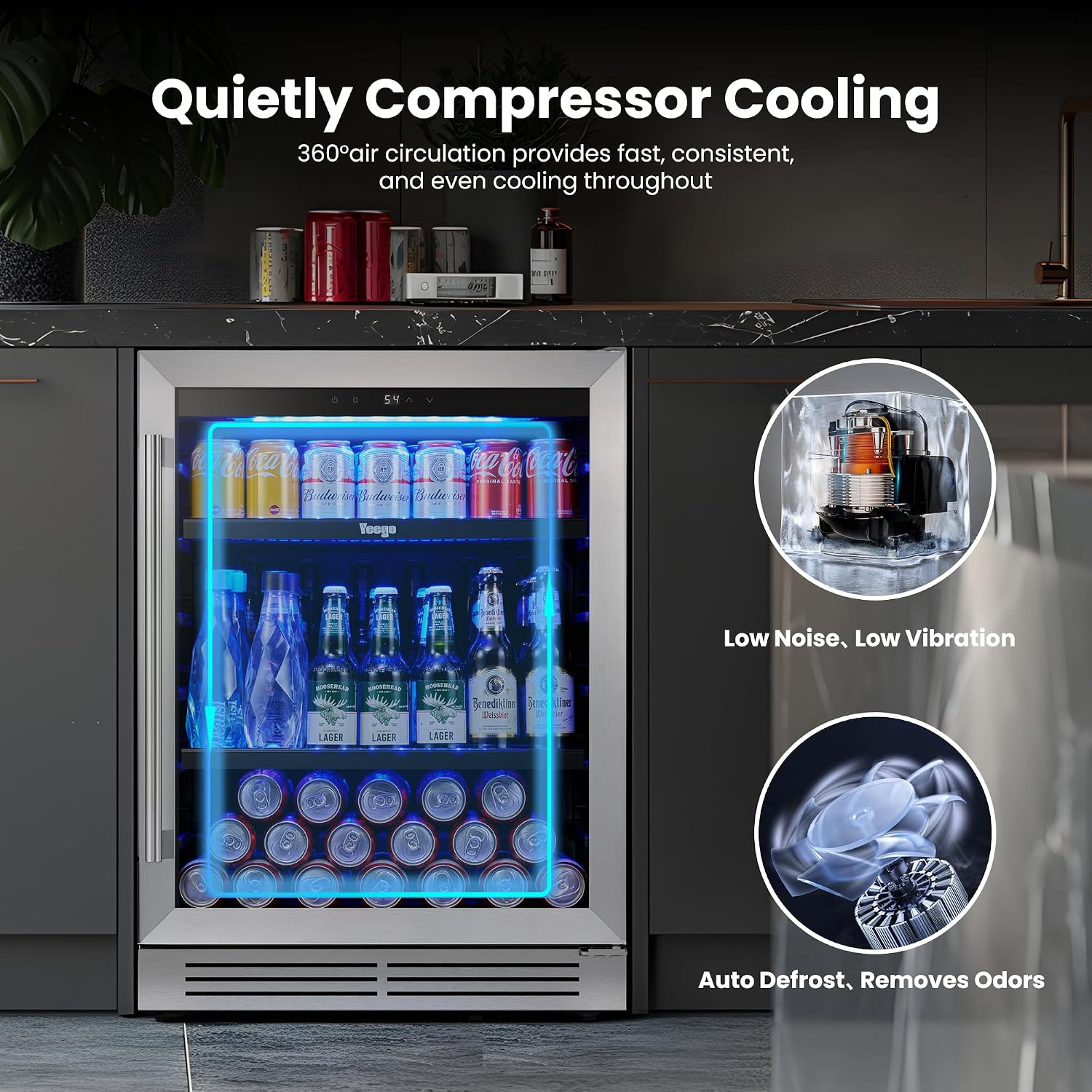 Yeego 24-Inch Built-In Beverage Refrigerator (2 Pack) - Large Capacity Drink Cooler with Glass Door, Auto Defrost Beverage & Wine Fridge for Cans and Bottles, Under Counter & Freestanding